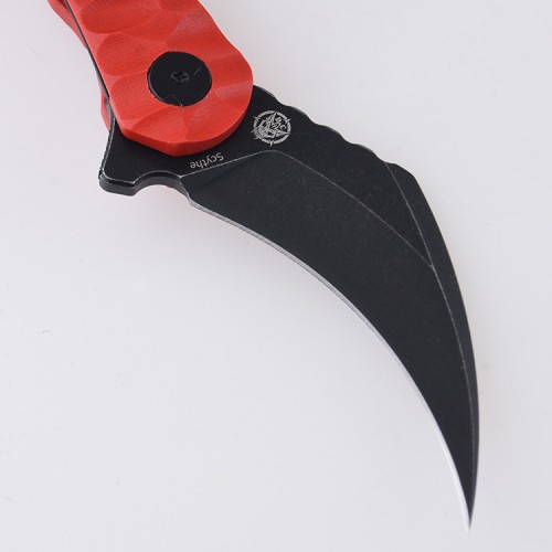 Shieldon Scythe(XL) Folding Knife 2.92" Titanium Coating 154CM Steel Hawkbill Point Blade with Red G10 Handle & Reversible Wire Pocket Clip