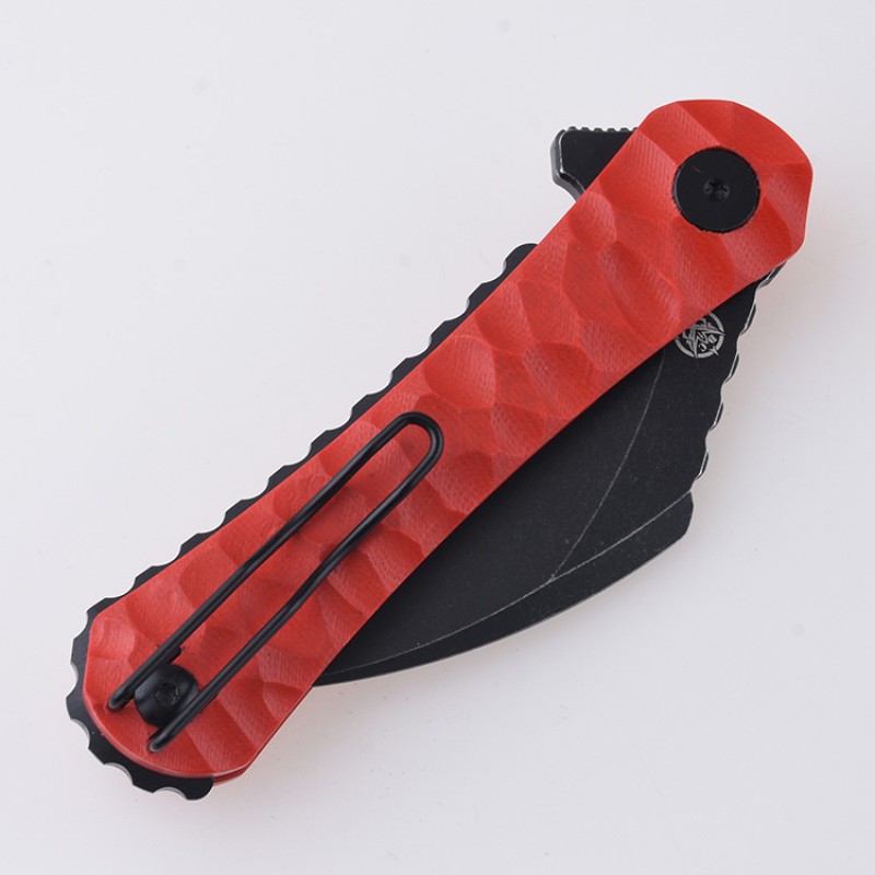 Shieldon Scythe(XL) Folding Knife 2.92" Titanium Coating 154CM Steel Hawkbill Point Blade with Red G10 Handle & Reversible Wire Pocket Clip 