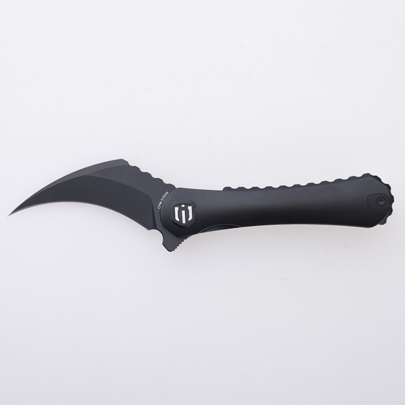 Shieldon Scythe(XL) Folding Knife 2.92" Diamond Like Coating CPM-S35VN Steel Pikal Point Blade with Black Titanium Handle & Reversible Milled Clip 