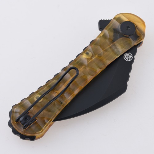 Shieldon Scythe(XL) Folding Knife 2.92" Titanium Coating 154CM Steel Hawkbill Point Blade with Amber PEI Transparent Handle & Reversible Wire Pocket Clip