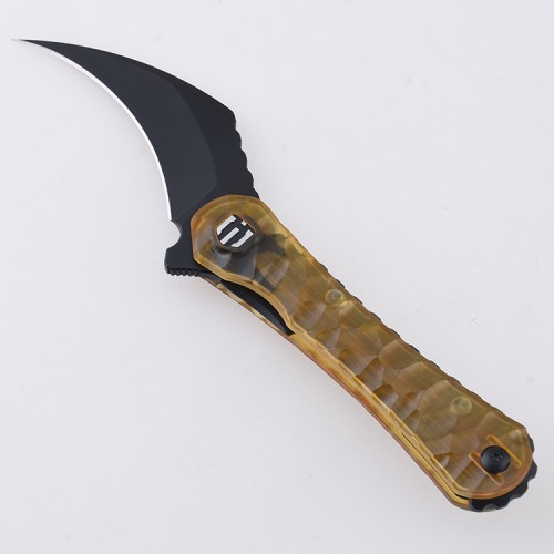 Shieldon Scythe(XL) Folding Knife 2.92" Titanium Coating 154CM Steel Hawkbill Point Blade with Amber PEI Transparent Handle & Reversible Wire Pocket Clip