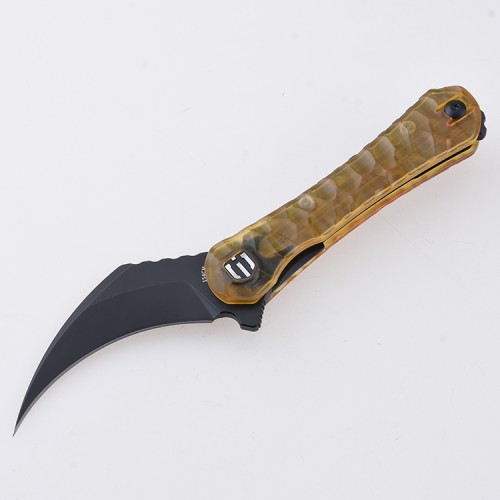 Shieldon Scythe(XL) Folding Knife 2.92" Titanium Coating 154CM Steel Hawkbill Point Blade with Amber PEI Transparent Handle & Reversible Wire Pocket Clip