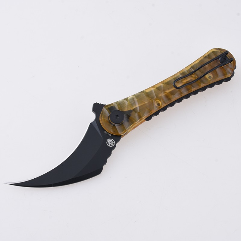 Shieldon Scythe(XL) Folding Knife 2.92" Titanium Coating 154CM Steel Hawkbill Point Blade with Amber PEI Transparent Handle & Reversible Wire Pocket Clip 