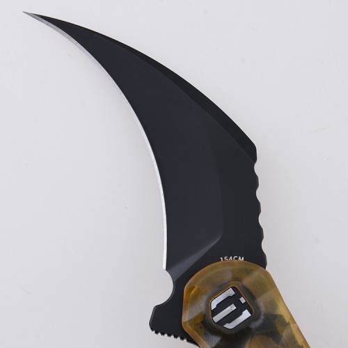 Shieldon Scythe(XL) Folding Knife 2.92" Titanium Coating 154CM Steel Hawkbill Point Blade with Amber PEI Transparent Handle & Reversible Wire Pocket Clip