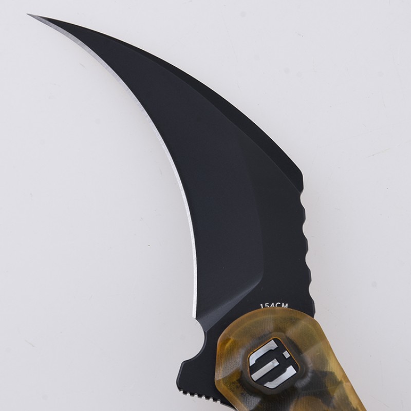Shieldon Scythe(XL) Folding Knife 2.92" Titanium Coating 154CM Steel Hawkbill Point Blade with Amber PEI Transparent Handle & Reversible Wire Pocket Clip 
