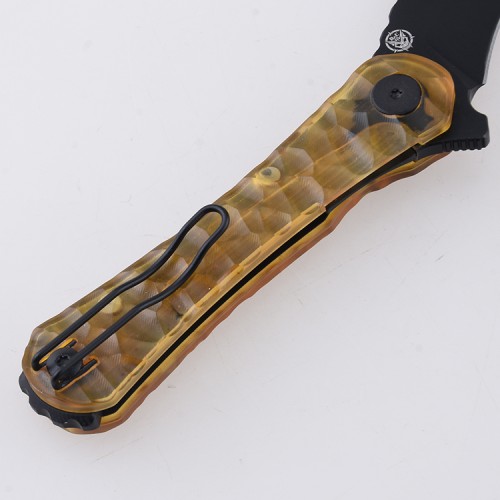 Shieldon Scythe(XL) Folding Knife 2.92" Titanium Coating 154CM Steel Hawkbill Point Blade with Amber PEI Transparent Handle & Reversible Wire Pocket Clip