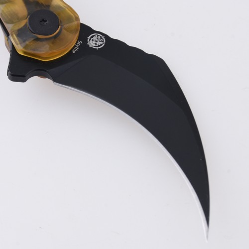 Shieldon Scythe(XL) Folding Knife 2.92" Titanium Coating 154CM Steel Hawkbill Point Blade with Amber PEI Transparent Handle & Reversible Wire Pocket Clip