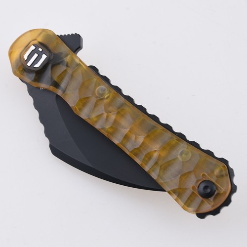 Shieldon Scythe(XL) Folding Knife 2.92" Titanium Coating 154CM Steel Hawkbill Point Blade with Amber PEI Transparent Handle & Reversible Wire Pocket Clip