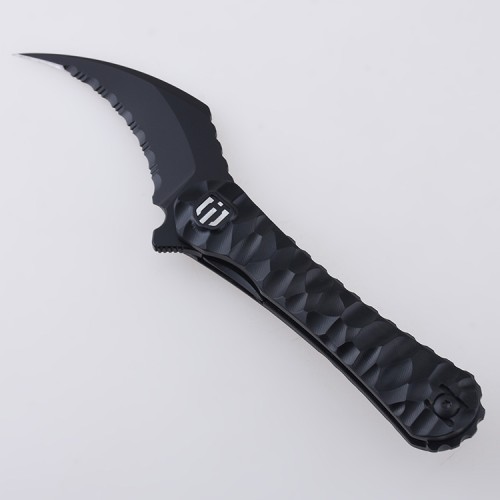 Shieldon Scythe(XL) Folding Knife 2.92" Titanium Coating 154CM Steel Hawkbill Point Partly Serrated Blade with Black PEI Handle & Reversible Wire Pocket Clip