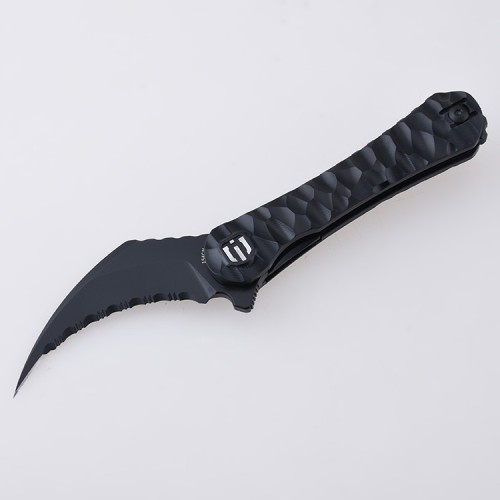 Shieldon Scythe(XL) Folding Knife 2.92" Titanium Coating 154CM Steel Hawkbill Point Partly Serrated Blade with Black PEI Handle & Reversible Wire Pocket Clip