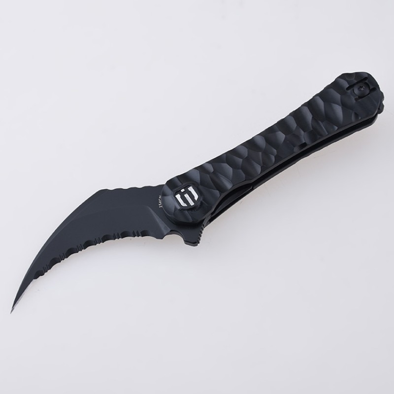 Shieldon Scythe(XL) Folding Knife 2.92" Titanium Coating 154CM Steel Hawkbill Point Partly Serrated Blade with Black PEI Handle & Reversible Wire Pocket Clip 