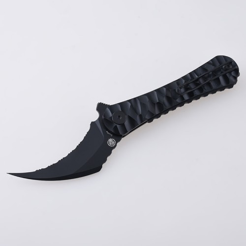 Shieldon Scythe(XL) Folding Knife 2.92" Titanium Coating 154CM Steel Hawkbill Point Partly Serrated Blade with Black PEI Handle & Reversible Wire Pocket Clip