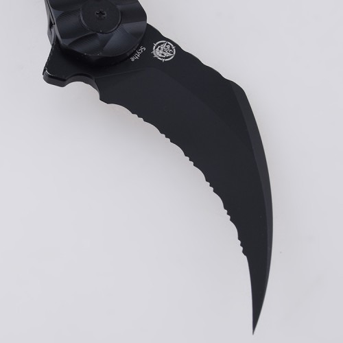 Shieldon Scythe(XL) Folding Knife 2.92" Titanium Coating 154CM Steel Hawkbill Point Partly Serrated Blade with Black PEI Handle & Reversible Wire Pocket Clip
