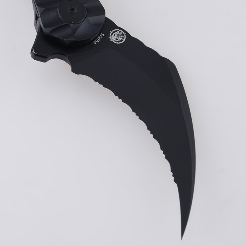 Shieldon Scythe(XL) Folding Knife 2.92" Titanium Coating 154CM Steel Hawkbill Point Partly Serrated Blade with Black PEI Handle & Reversible Wire Pocket Clip 