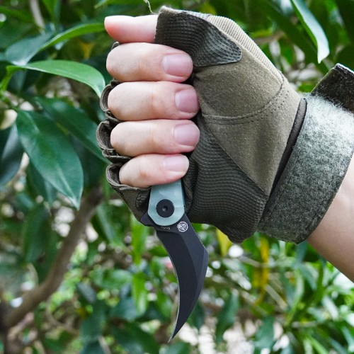 Shieldon Scythe Folding Knife 2.55" Diamond Like Coating 154CM Steel Hawkbill Point Blade with Jade G10 Handle & Reversible Wire Pocket Clip