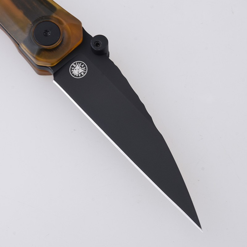 Shieldon REV Folding Knife 3.25" DLC Coating 154CM Steel Pikal Point Blade with Amber PEI Handle & Reversible Wire Pocket Clip 
