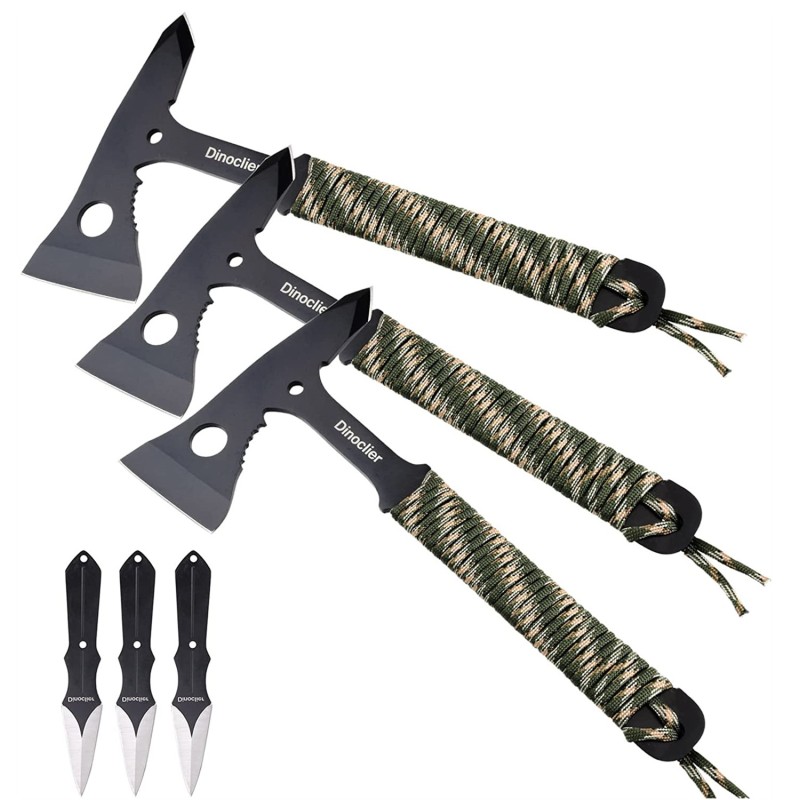 Shieldon Dinoclier Outdoor Axes Set - 3pcs 10.7" Hawk Style Throwing Axes & 3pcs Throwing Knives with Nylon Sheath